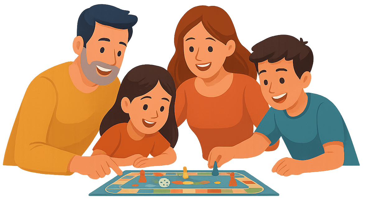 Illustration einer Familie, die gemeinsam ein Brettspiel spielt