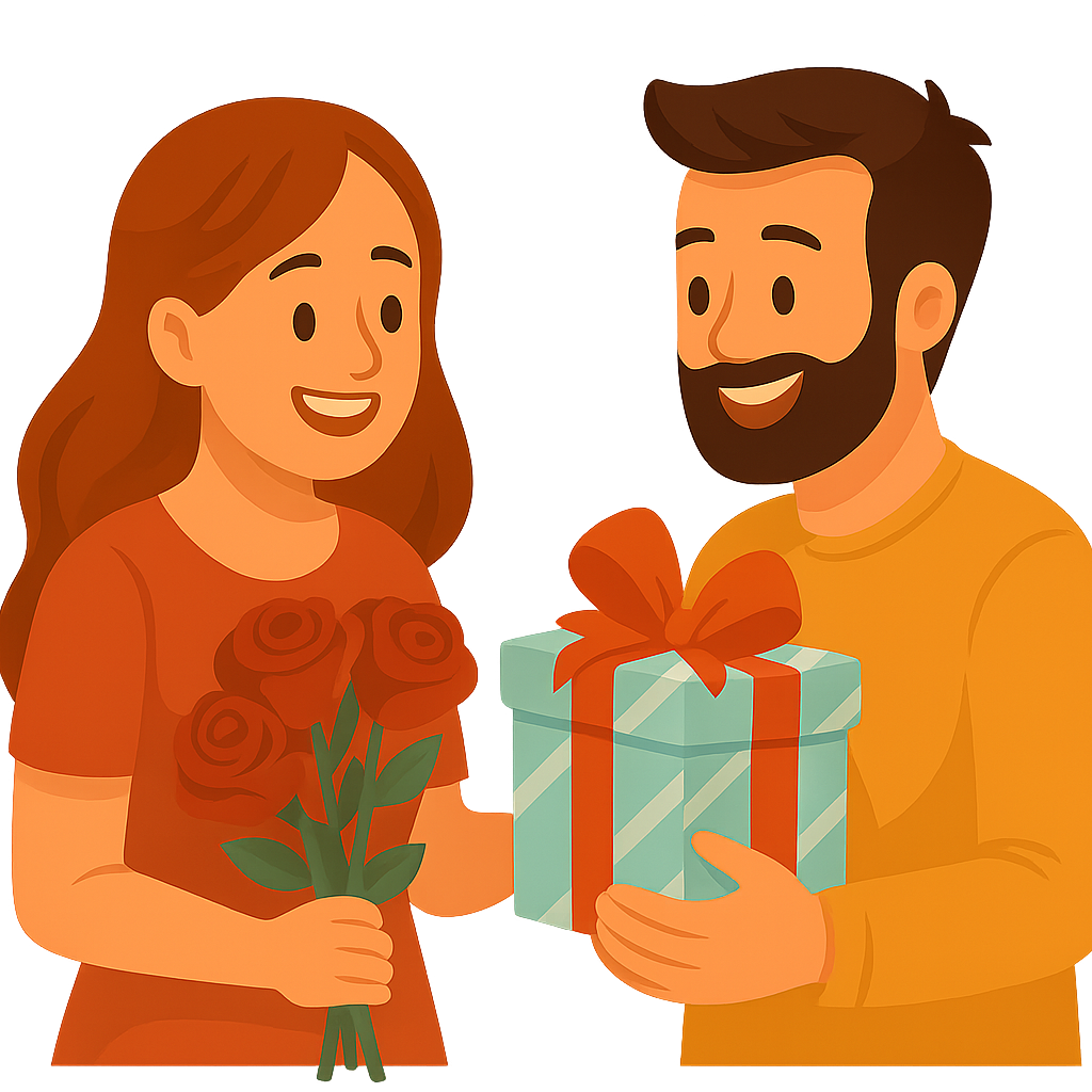 Illustration eines Paares, das Geschenke austauscht